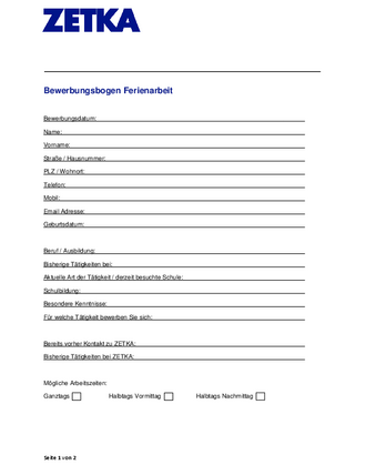 Bewerbungsbogen Ferienarbeit